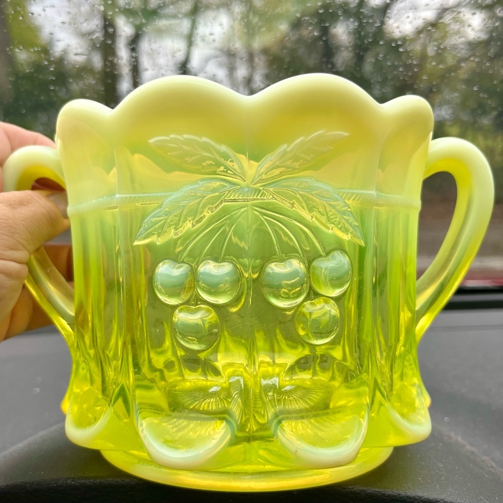 Mosser Yellow Opalescent Antique Glass Cherry Pattern Sugar Candy Dish